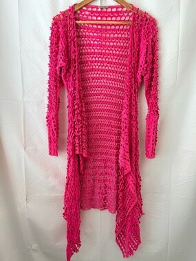 LINEA DOMANI Laser Cut Net Top Blouse Hot Pink Long Cardigan